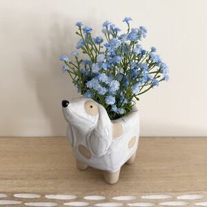 Adorable Spotted Ceramic Dog Planter with Faux Blue Flowers – Cute Home Decor